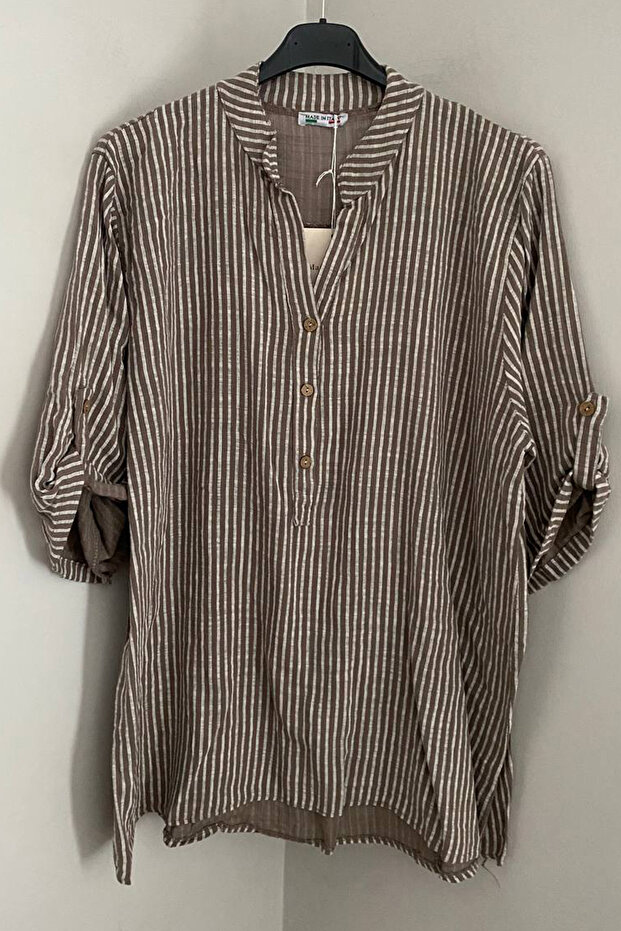 Women's Italian Mink Three-Button Collar with Placket Striped 3/4 Sleeves Loose 100% Cotton Blouse Tunic