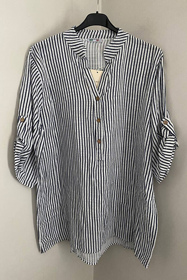 Women's Italian White Three-Button Collar with Placket Striped 3/4 Sleeves Loose 100% Cotton Blouse Tunic