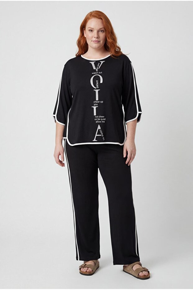 Women's Plus Size Stripe Detail Printed Sho Fabric Black Tracksuit Set