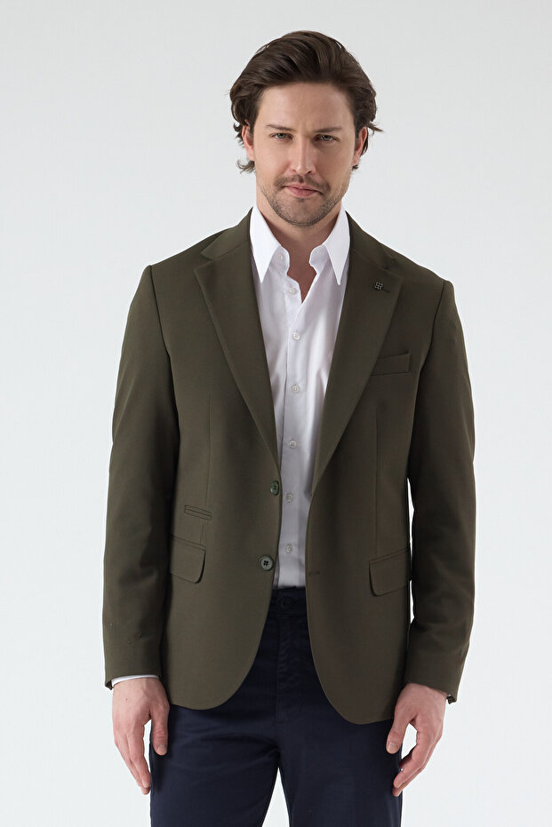 Pique Men's Khaki Half Lined Mono Collar Stretchy Poly Viscose Fabric Slim Fit Sports Blazer Jacket
