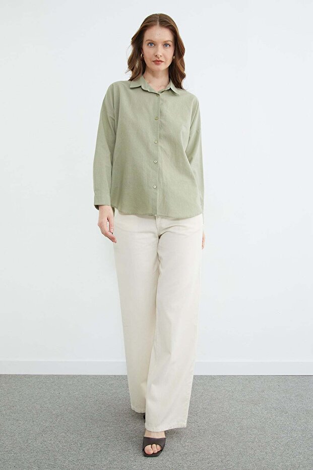 Basic Keten Görünümlü Oversize Gömlek - 5