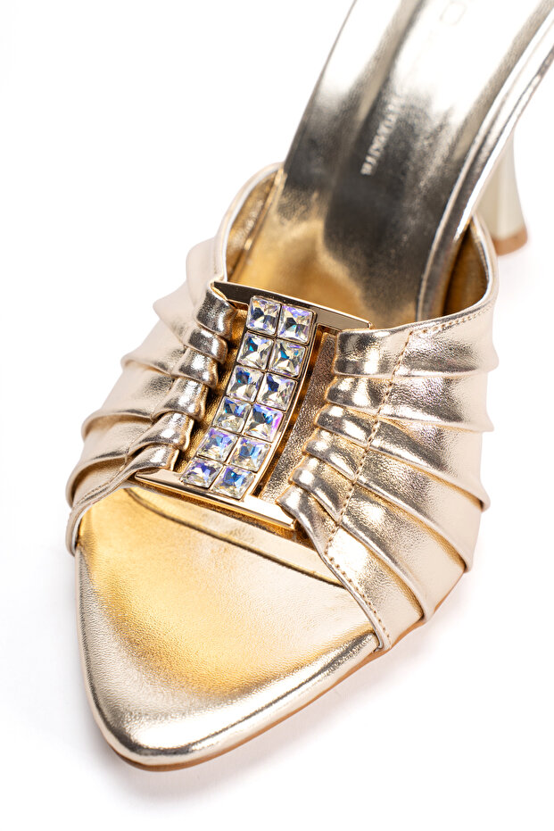 Ruched Detail Crystal Stone Goblet Heels Slipper Gold
