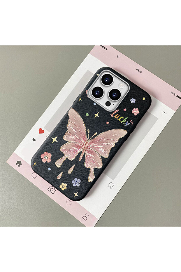 iPhone 16 Pro Compatible Beautiful Butterfly Patterned Leather Textured Phone Case