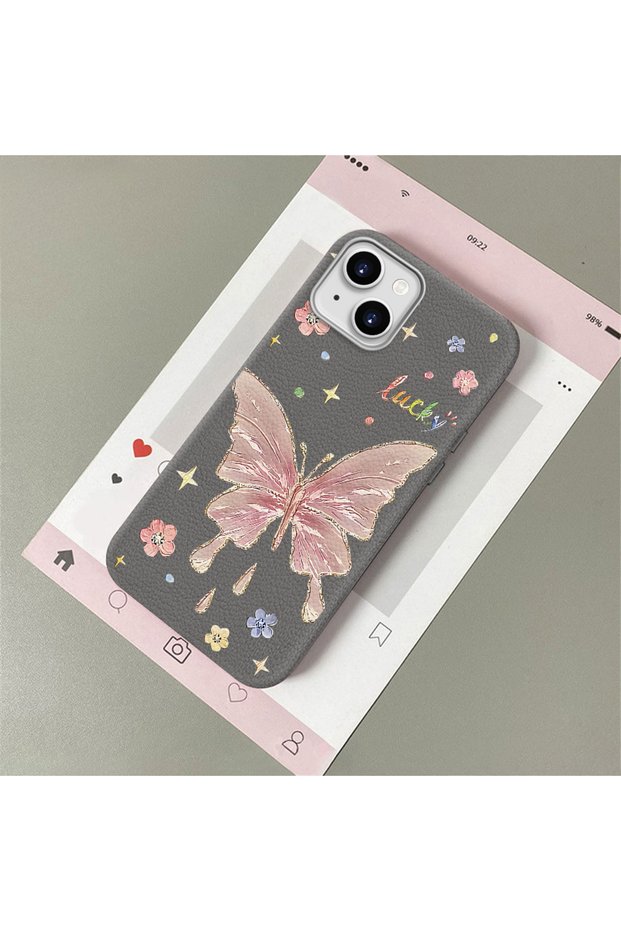 iPhone 14 Plus/15 Plus Compatible Beautiful Butterfly Patterned Leather Textured Phone Case