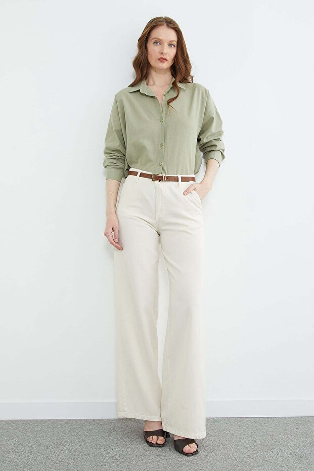 Basic Keten Görünümlü Oversize Gömlek - 3