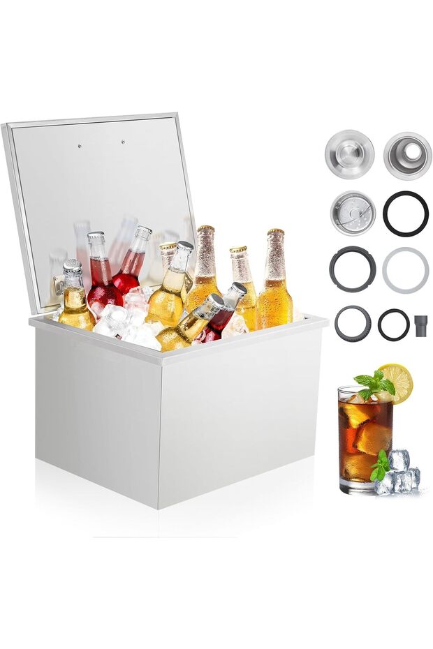 Drop-in Stainless Steel Ice Chest, Commercial Ice Bin with Hinged Cover, Drain Pipe & Plug, Outdoor Kitchen Ice Cooler for Patio, Bar & BBQ Station