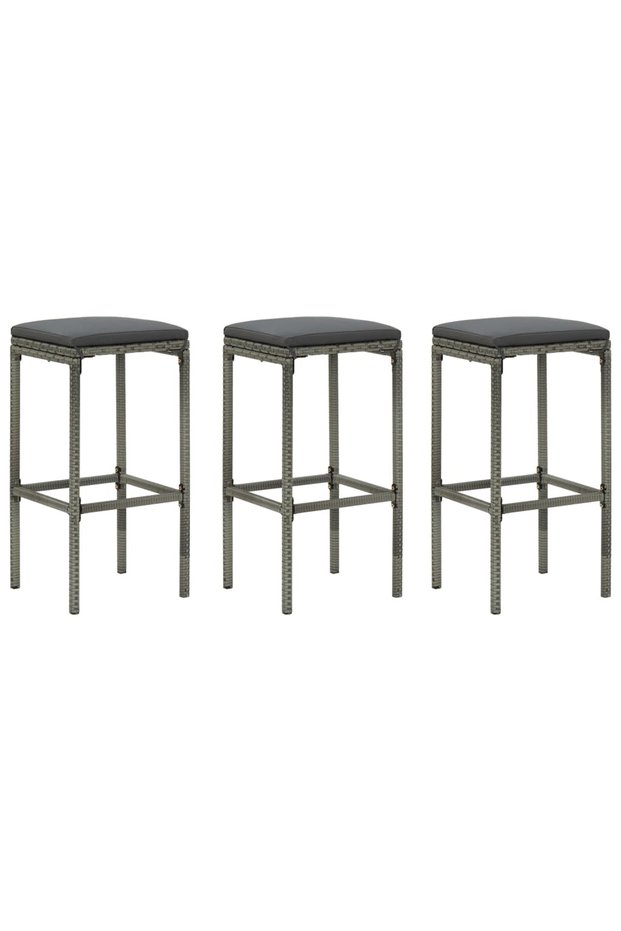 Bar stools with cushions, 3 pcs., grey, polyrattan