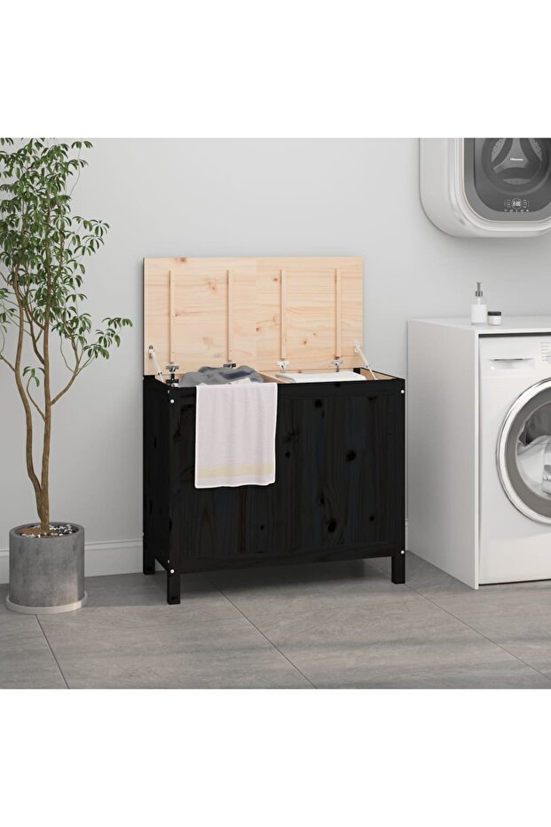 Laundry box, black, 88.5x44x76 cm, solid pine wood