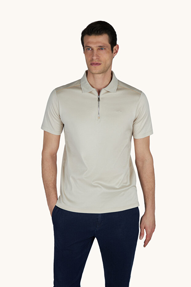 Men's Knitted Cotton Zipped Polo Shirt