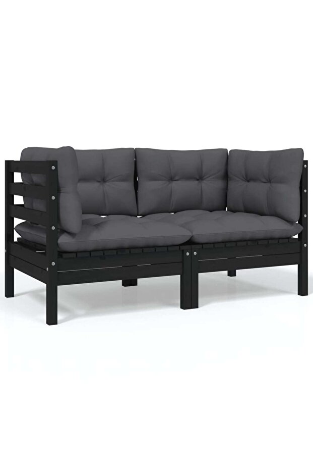 2-seater garden sofa with cushions, black, solid pine wood - 1