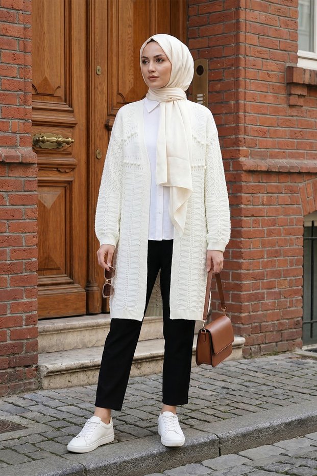 Mixed Pattern Araboy Cardigan - Ecru