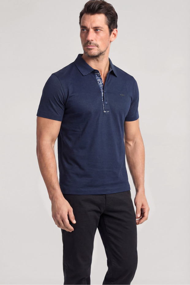 Men's Regular Fit Cotton Short Sleeve Navy Blue Polo Collar T-Shirt