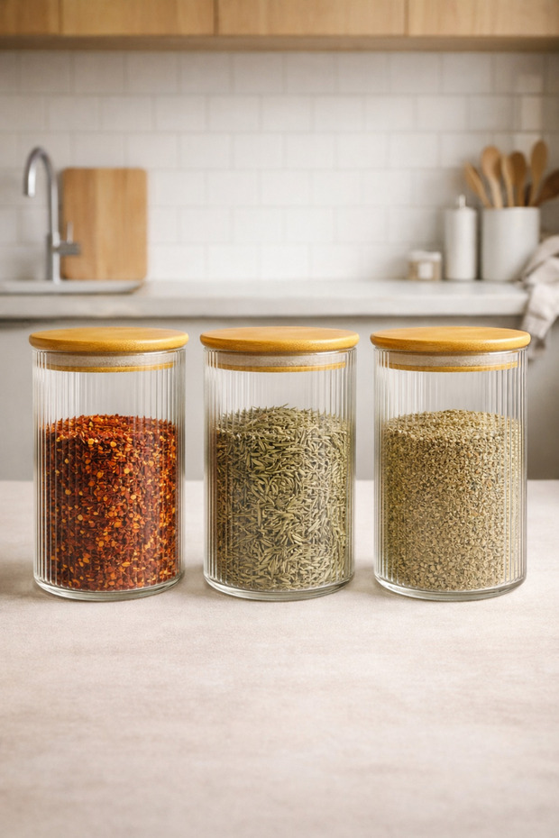 Bamboo Gasketed Borosilicate 1 Liter Round Striped 3-Piece Jar Set Kw-123