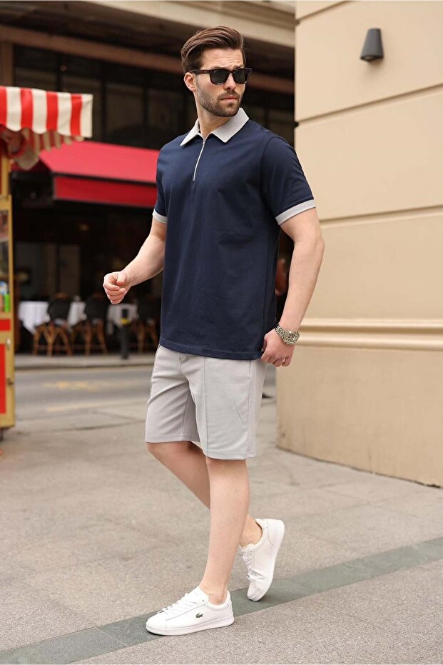 Navy Blue 100% Cotton Piece Polo Collar Shorts T-Shirt Set E7358