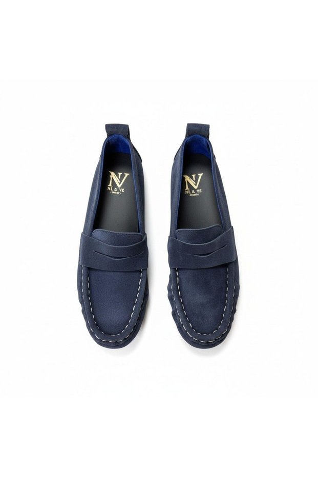 Navy Blue Suede Genuine Leather Unlined Stretchy Women's Casual Stylish and Comfortable Loafers