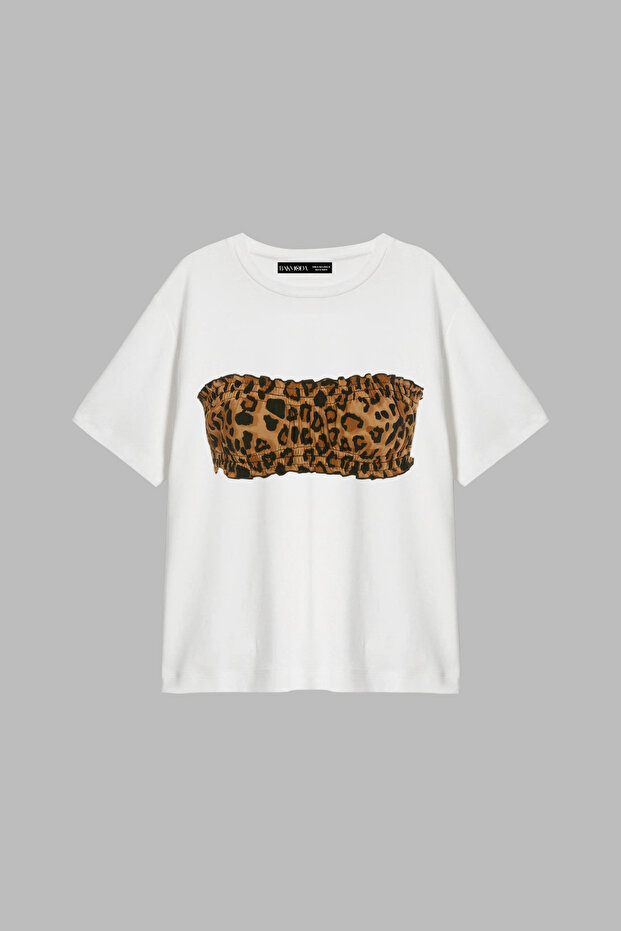 Leopar Top Printed Relaxed Fit White Women's Tshirt