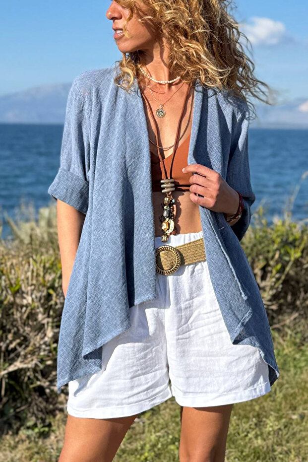 Italian Navy Blue Ş Shawl Collar Double Sleeve D Textured Asymmetrical Casual D Woven Cardigan 70 50