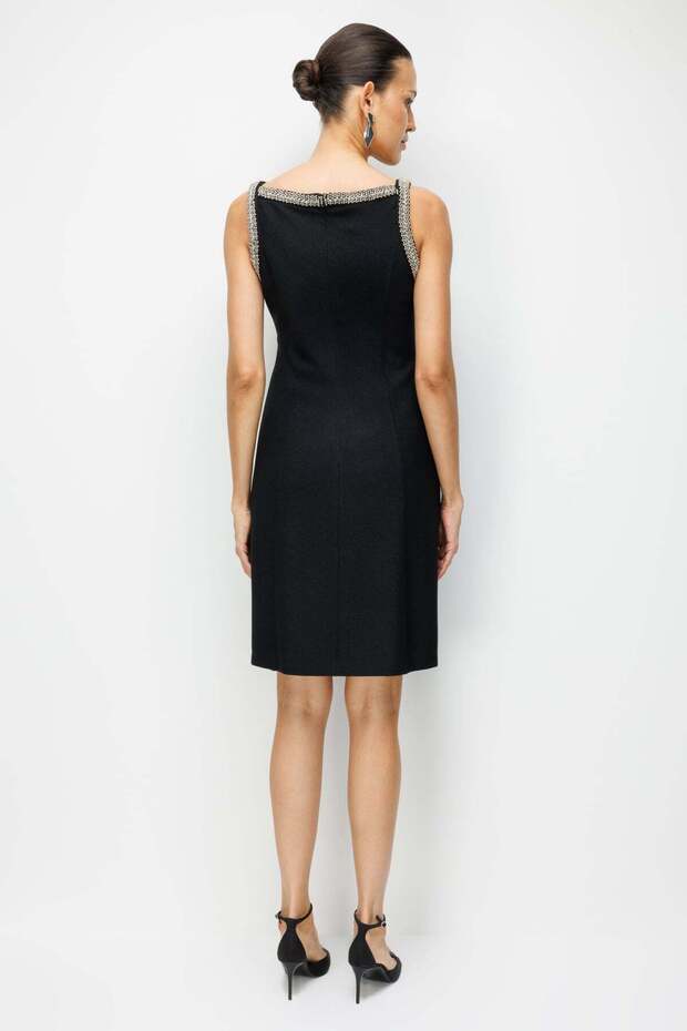 Taş İşlemeli Simli Kumaş Elbise - 5