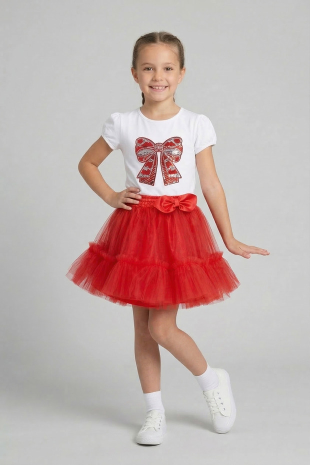 Girls' Red Ribbon Patterned T-Shirt Red Ruffle Tutu Skirt April 23Rd Show Outfit