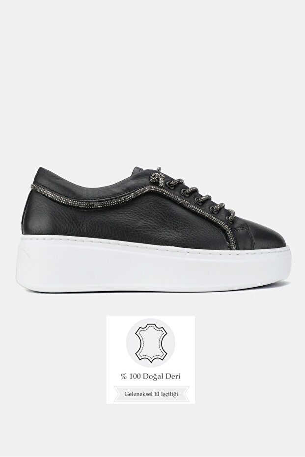 Women's Black Genuine Natural Leather Size 36-41 Lace-Up Sneaker Shoes