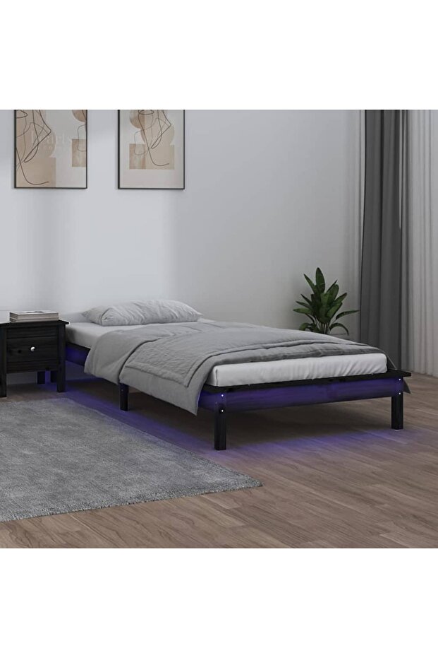 Bed frame with LED, black, 90x200 cm, solid wood