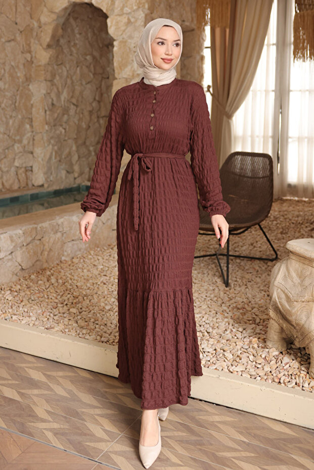 Brown Elastic Sleeves Buttoned Waist Tie-Detail Gofre Dress