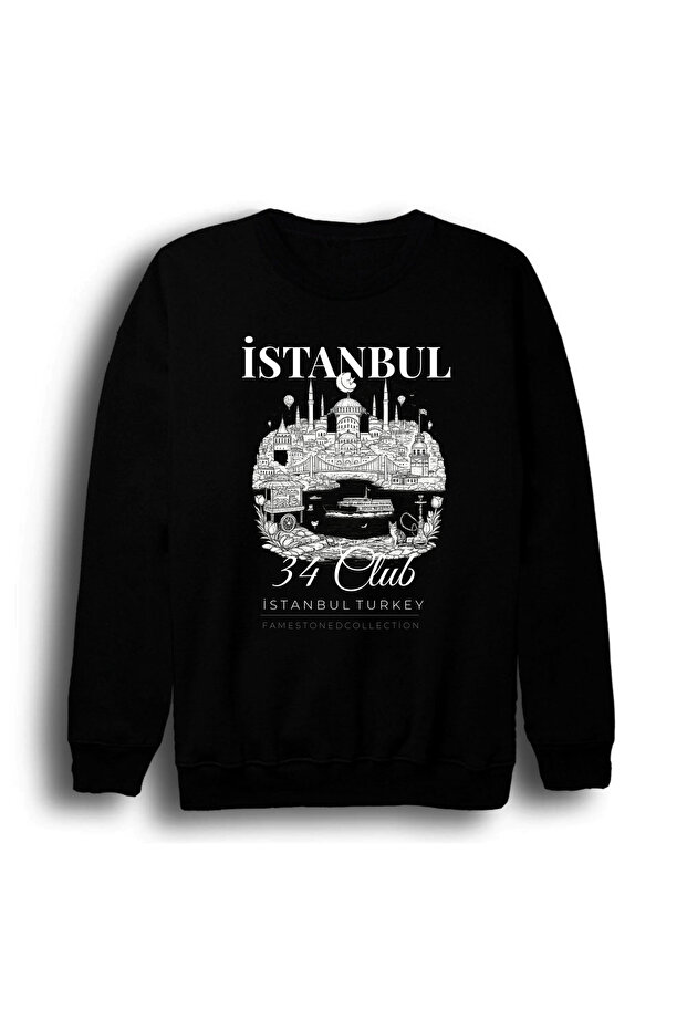 Istanbul 34 Bosphorus Hagia Sophia Galata - Şehir B Printed Unisex %100 P Cotton Black Crew Neck Sweatshirt