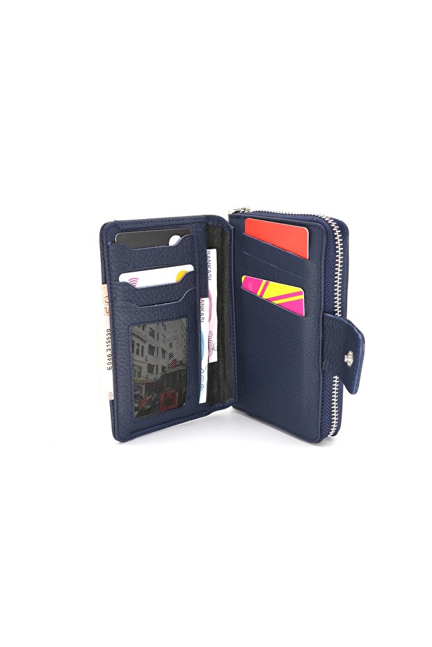 Genuine Leather Navy Blue Women's Wallet-Multi-Compartment-Convenient