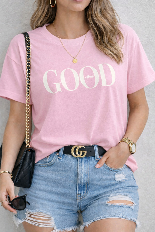 تي شيرت Good Vibes Text مطبوع للجنسين كبير الحجم - تي شيرت كاجوال بتصميم جرافيكي بسيط