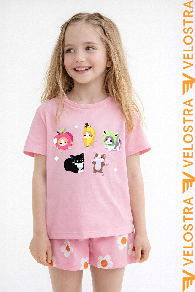 Girl's Sweet Kitty Printed Oversized Comfortable Daily Use Combed Cotton T-Shirt