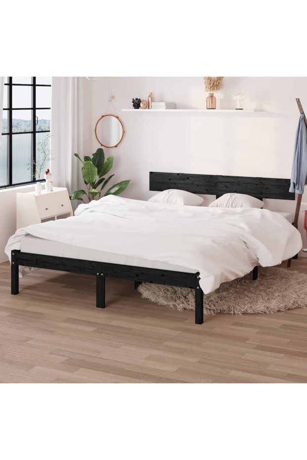 Bed frame, black, 140x200 cm, solid pine wood