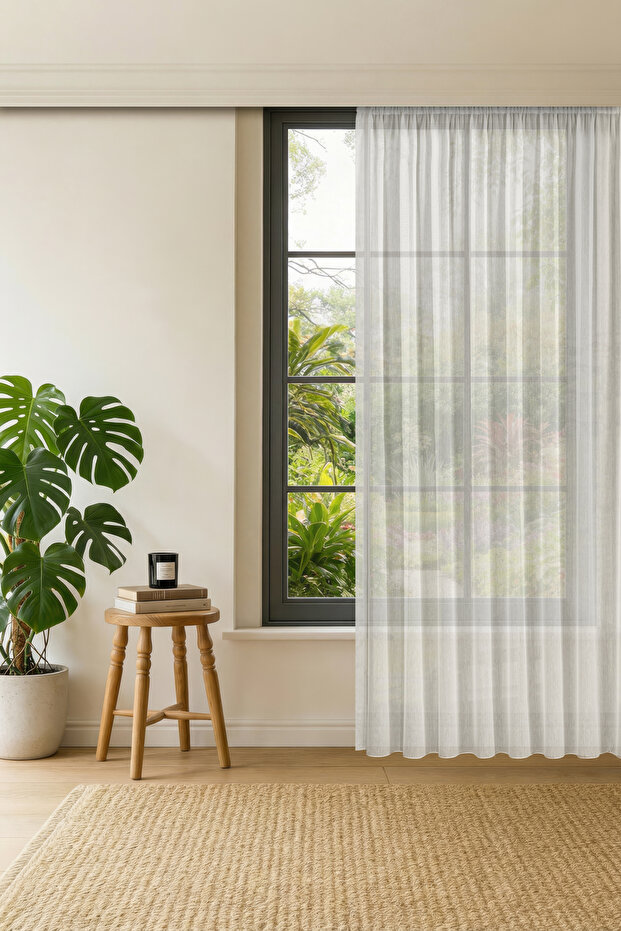 Bamboo Tulle Curtain – Ecru, Dense Pleats (1X3), Silky Texture