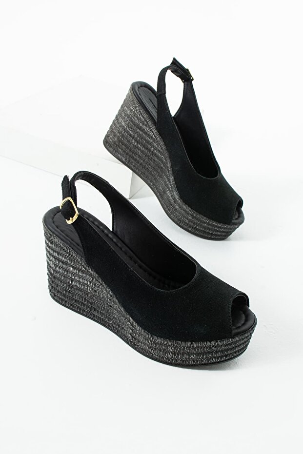 Women's Black Suede Wedge Heel Sandals High Platform Ankle Strap Summer Stylish Model Belove
