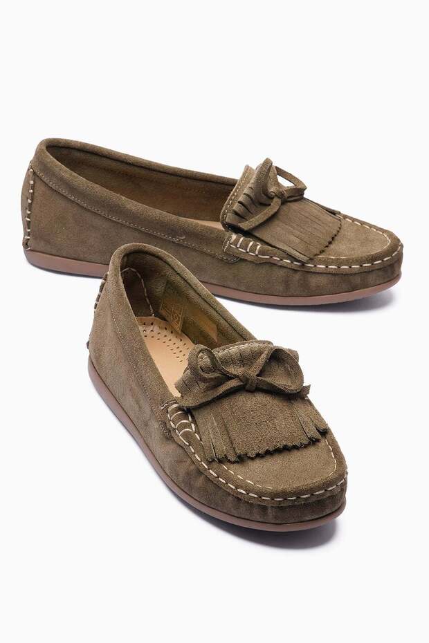 Women's Genuine Suede Ballet Flats Tassel Detailed Loafers Alora Khaki