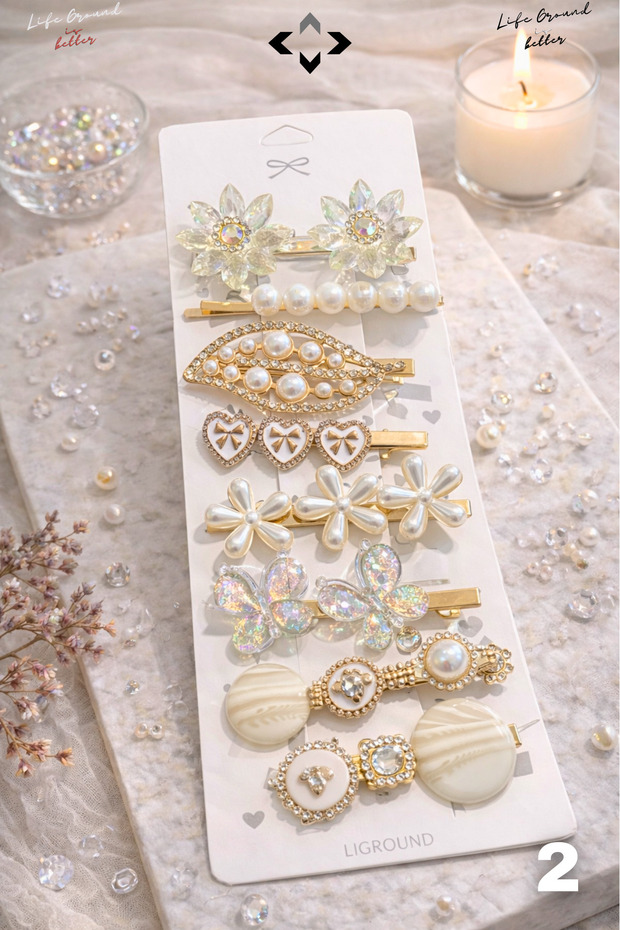 8 Pcs Women's Hairpin Set Colorful Pearl Stone F Bow Detail Snap Buckle Latch Buckle Gift Hairpin Set