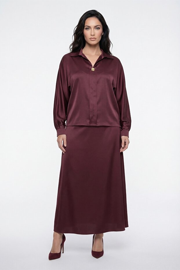Women's Burgundy Summer Dress with Belt Accessories Satin Top and Bottom Set