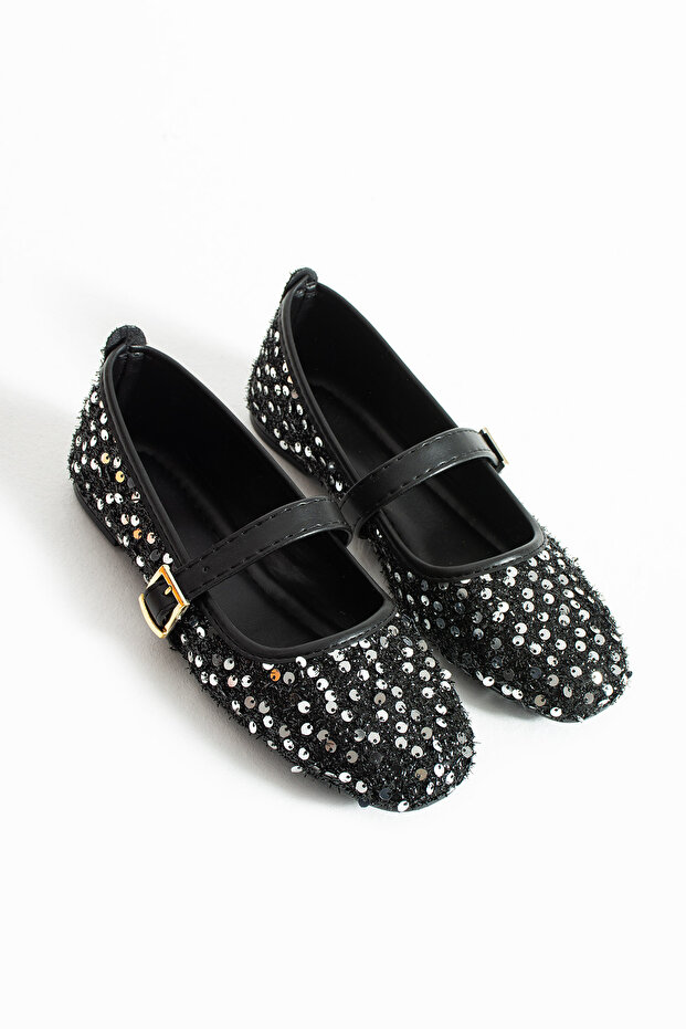 Black Sequin Mary Janes Ballet Flats Buckled Stylish Daily & Evening Shoes
