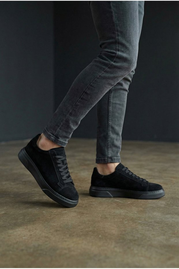 Men's Black Suede Textured Black Thick Soled Guaranteed Lace-Up Casual Sneakers Sports Shoes