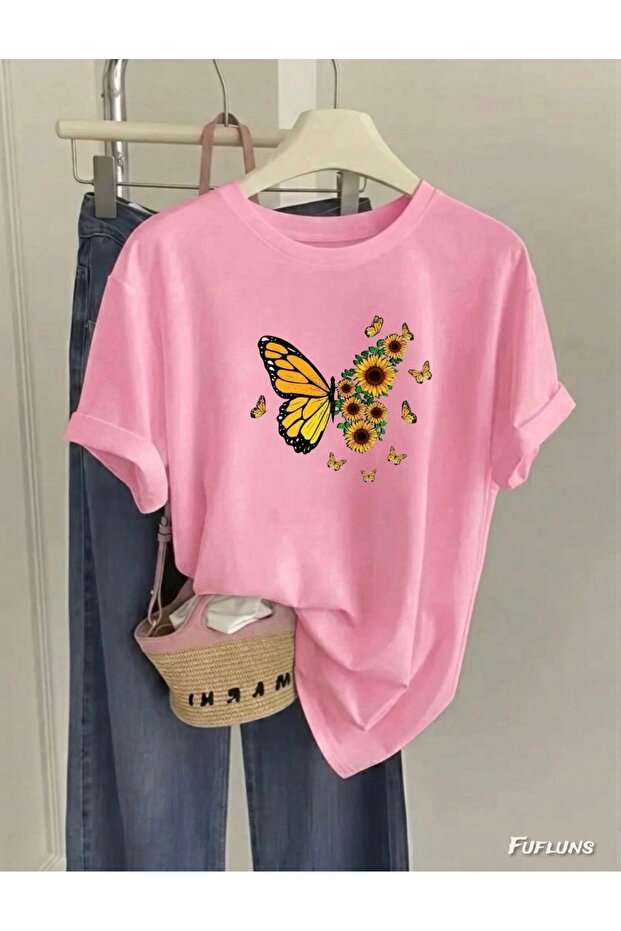 Aycicegi and Butterfly Printed Unisex Women/Men Oversized Crewneck T-Shirt