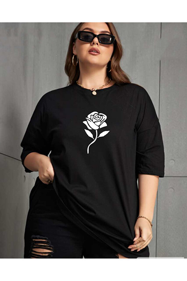 Rose Flower Printed Large Size Cotton Oversize Women's Tshirt