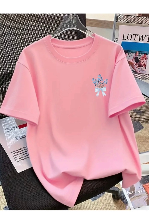 Ribbon Flower Printed Unisex Women'S/Men's Oversize Crewneck T-Shirt