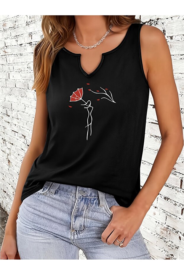 Women's Gül Printed Half V-Neck Sleeveless Regular Fit Comfortable T-Shirt
