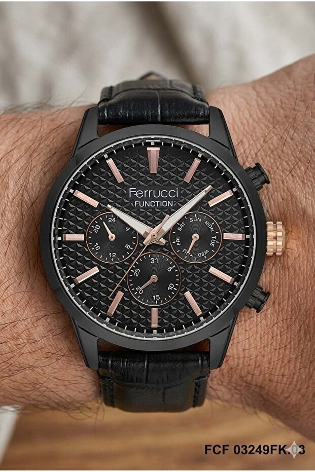Men's Wristwatch | 45mm Steel Case, Dark Brown Leather Strap, Black Dial