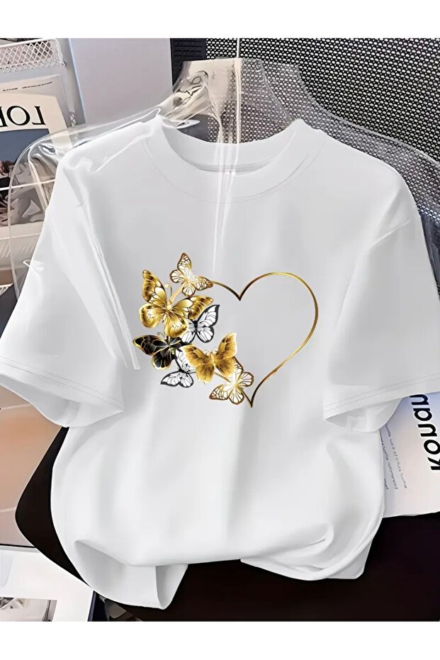 Butterflies Hearts Printed Unisex Women/Men Oversized Crewneck T-Shirt