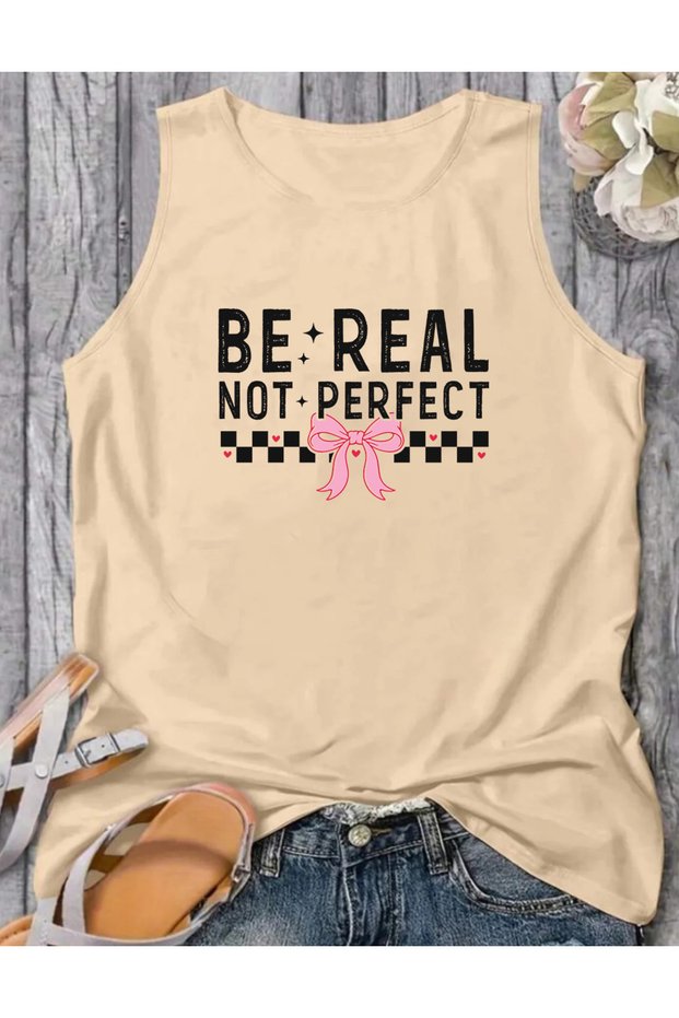 Slogan Ribbon Printed Women's Crew Neck Cotton Sleeveless Summer Tank Top Tshirt
