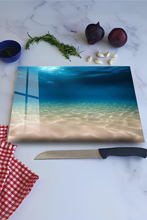 Turquoise Sea and Sand Patterned Tempered Glass Cutting Board 30X40 cm Size Uv Printing - Bckt033