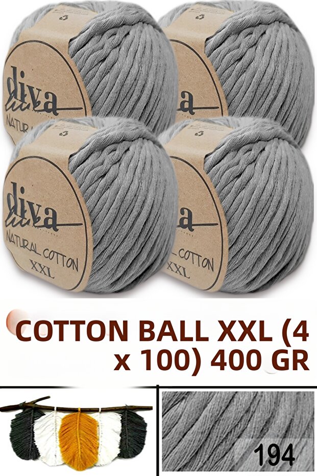 Natural Cotton XXL - 4 mm Compressible Macramé Thread - 194 Medium Gray (Pack of 4)