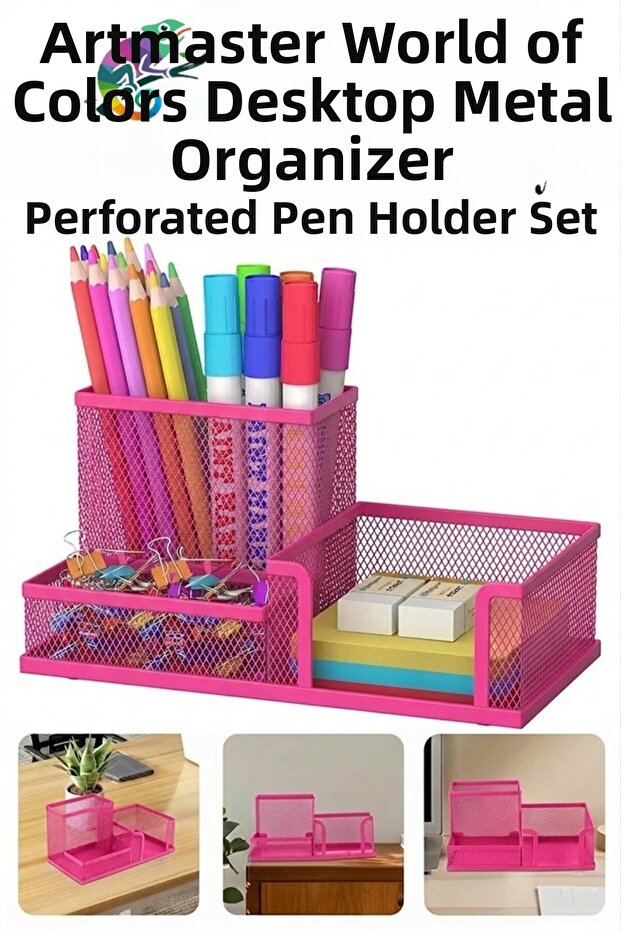 Pink Desktop Metal Pen Holder Set 3-Piece Combo 1 Pack Mesh Perforated Colorful Pen Holder Paper Holder Cube