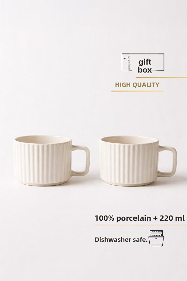 Relief Asortik Patterned 2-Piece Porcelain Tea and Coffee Cup Set for 2 People 220 ml - White