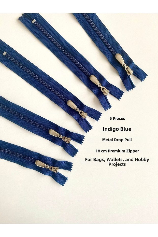 5 Pieces of Indigo Blue Metal Zipper with Handle, Quality 18 cm Zipper for Bags, Wallets, Hobby Projects